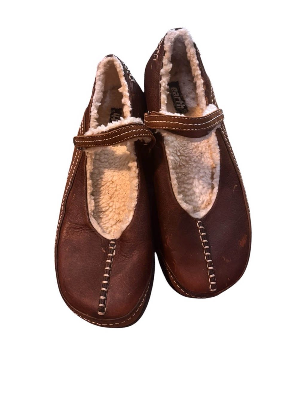 Vintage Earth Brown Leather Mary Jane flats|Cozy faux shearling lining